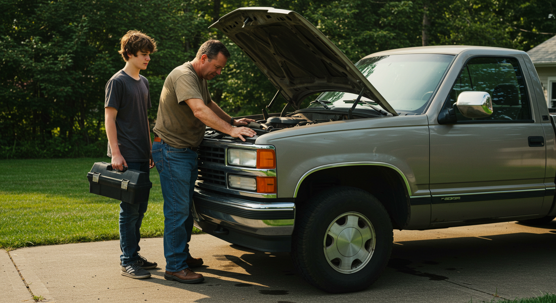 Dad fixing truck with son