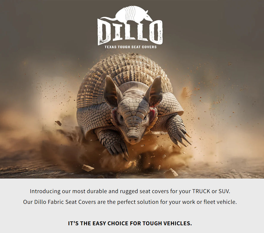 Close-up of Dillo Tough seat material with branding text