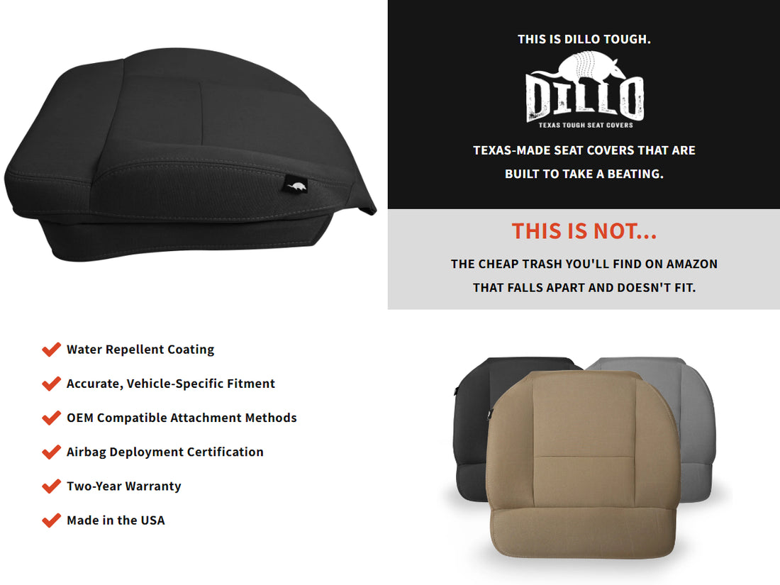 Close-up of Dillo Tough seat material with branding text