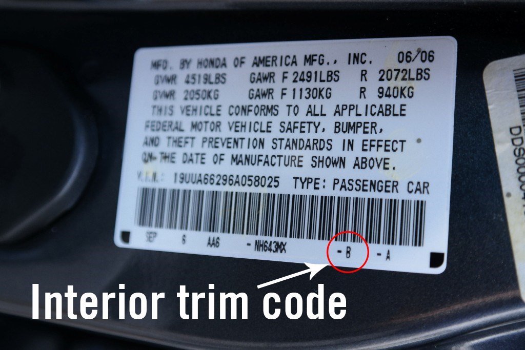 Label location on Acura vehicle door for trim code