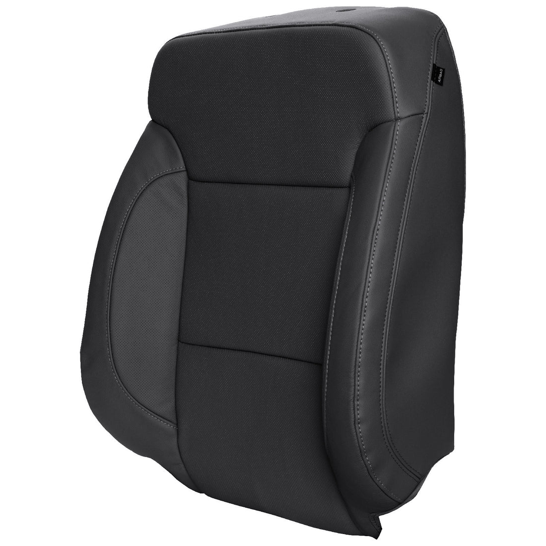 a black leather seat cover with perforated inserts for a Chevy backrest