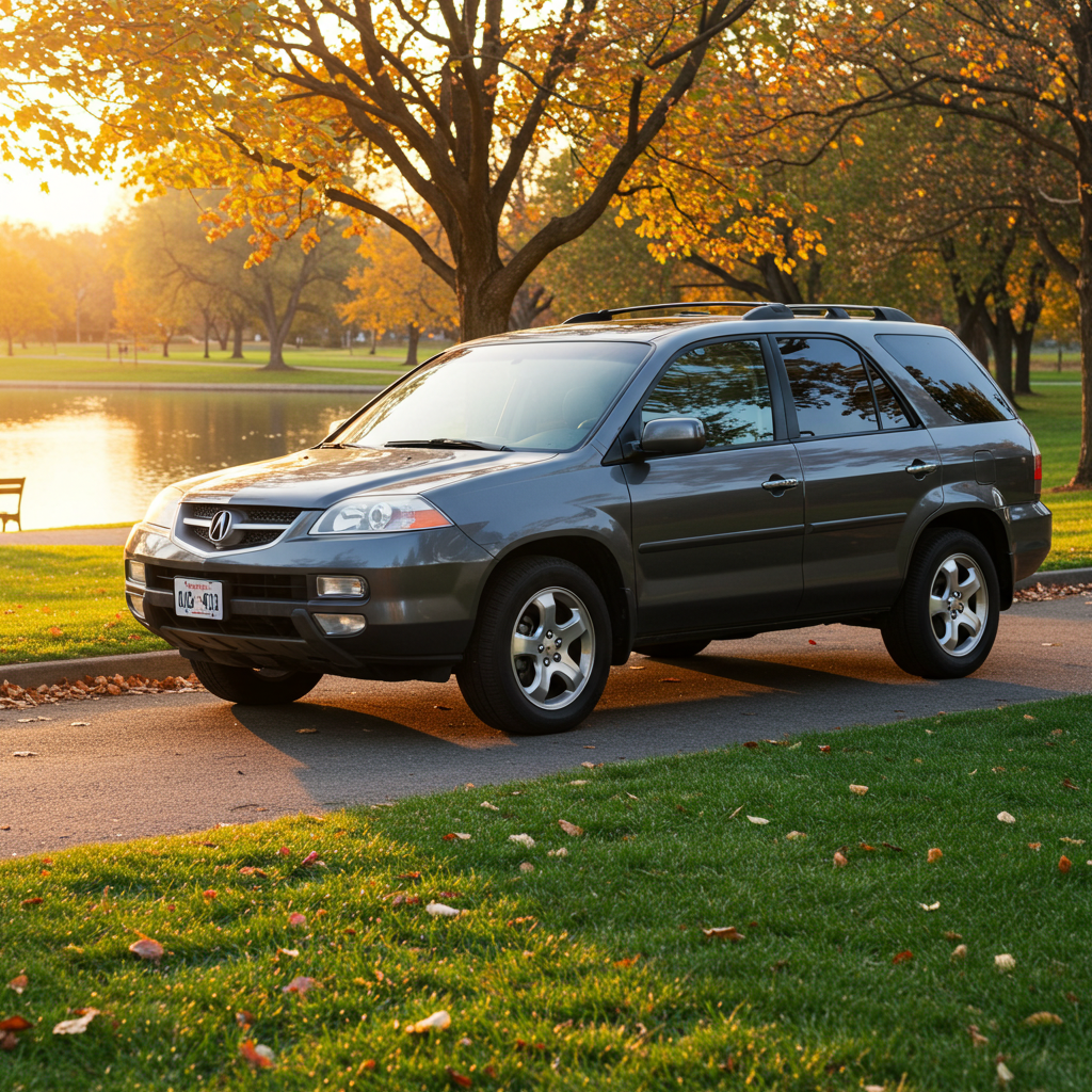 an image of an Acura MDX parked near a park at sunset
