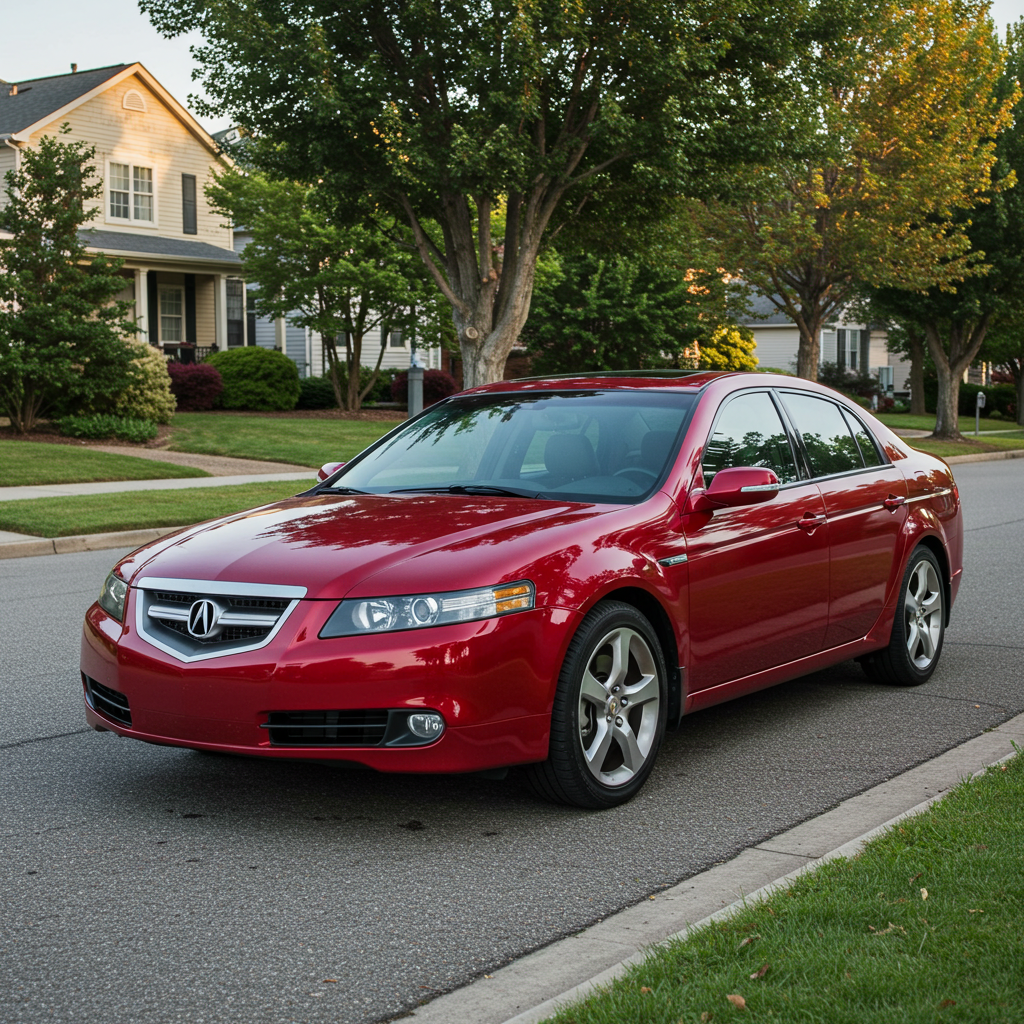 an image of a red Acura TL parked on a neighborhood street